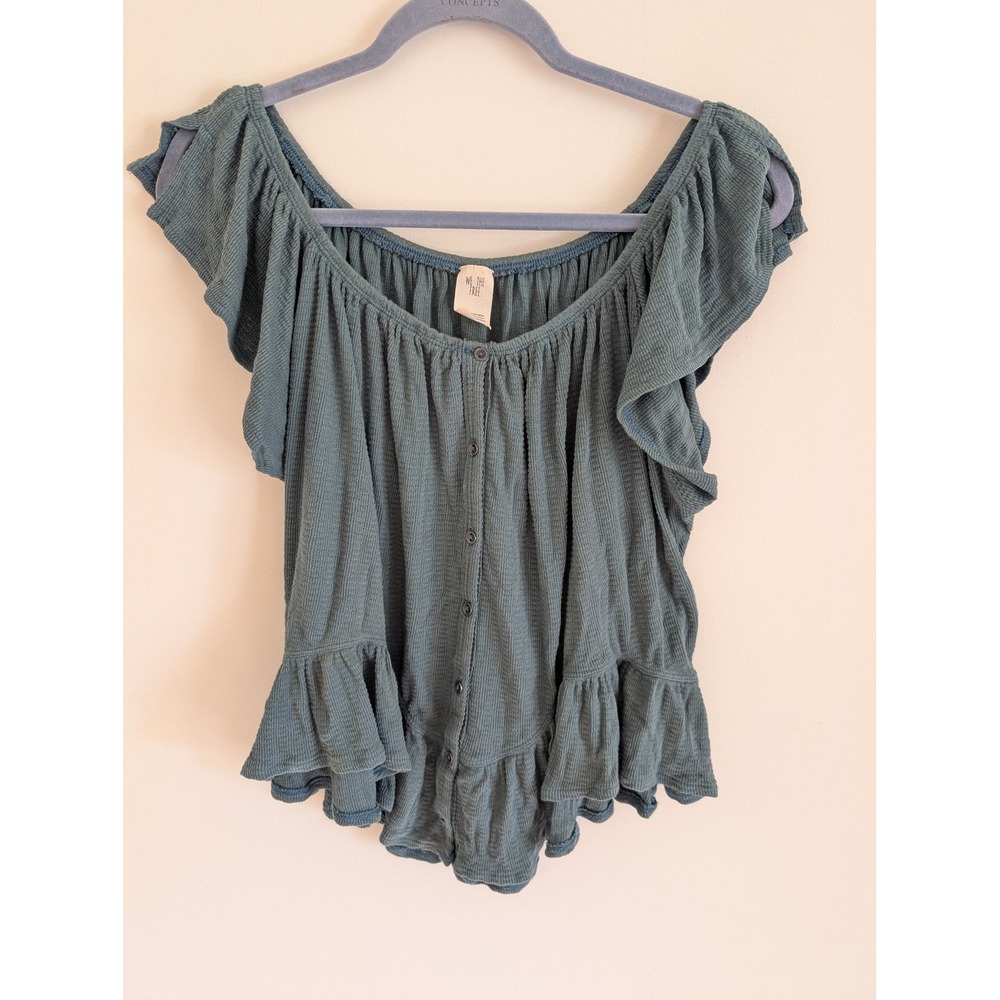 We The Free mint julep tee Waffle Knit Ruffle Button Down Top Teal Green Medium